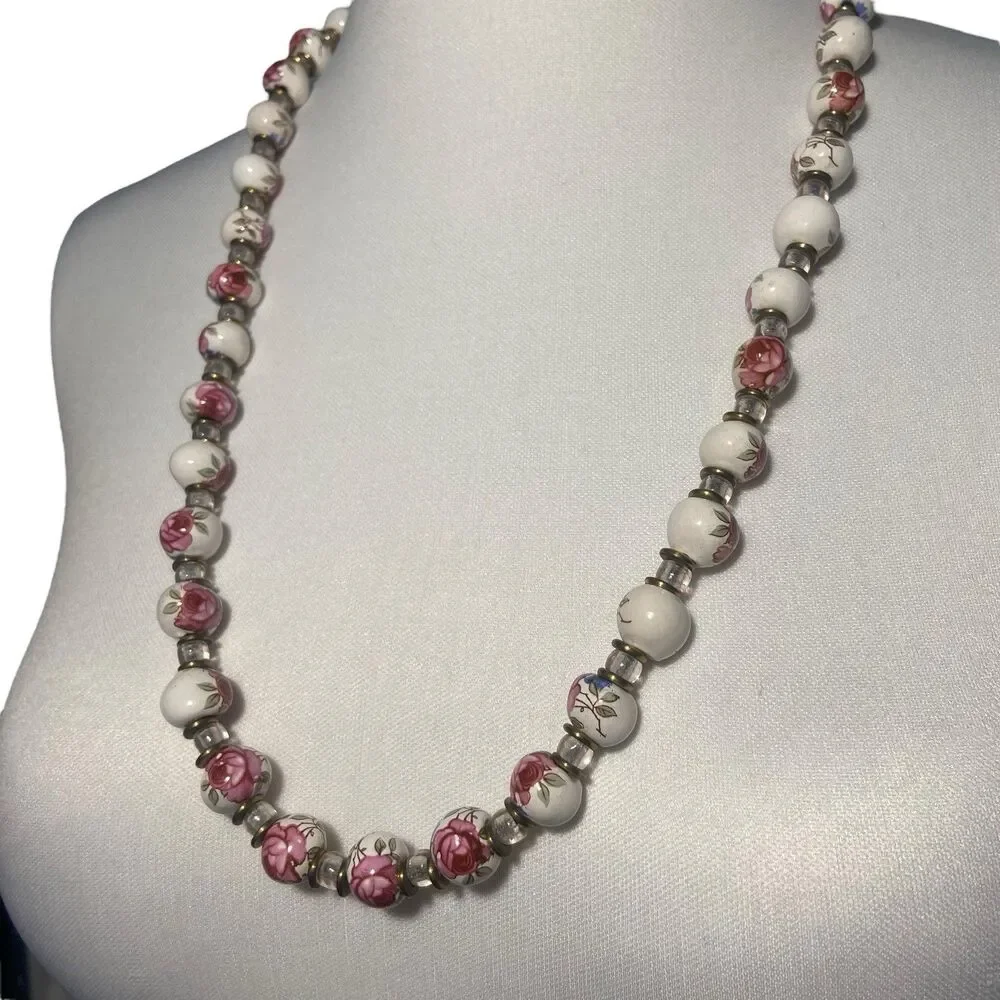 Vintage Chinese Hand Painted Porcelain Flower Beaded Necklace Pink Rose On White